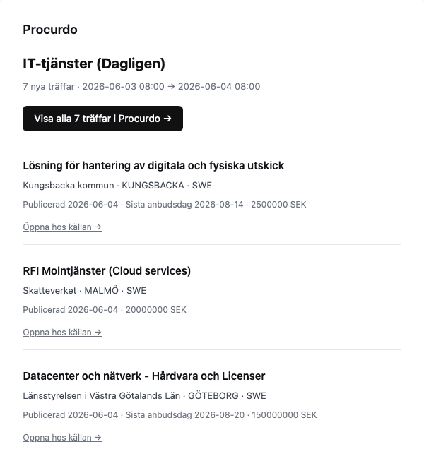 Exempel på bevakningsmail från Procurdo med nya upphandlingar som matchar en bevakning