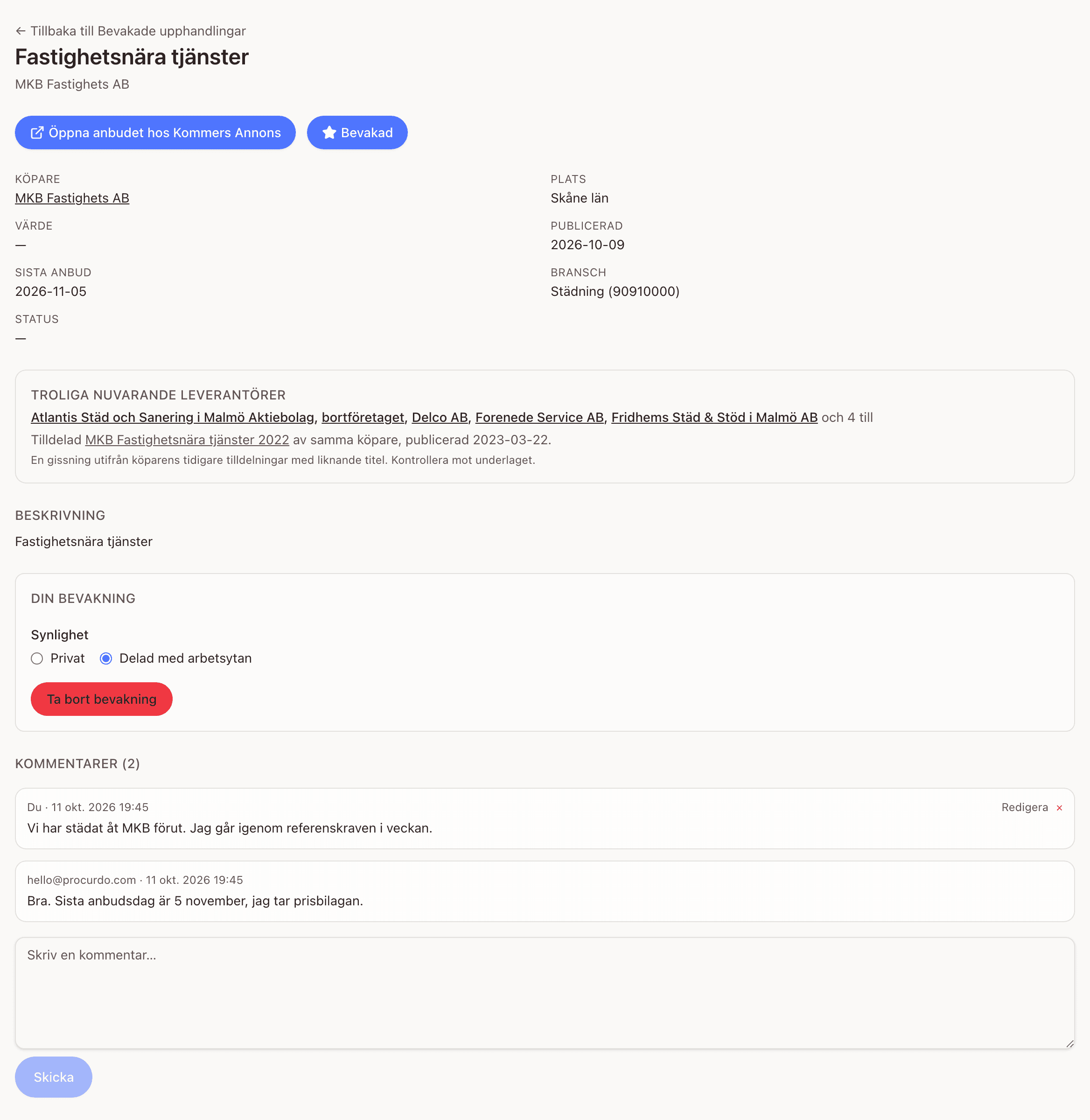 Upphandlingens sida med stjärnknappen Bevakad, panelen Din bevakning med valen Privat och Delad med arbetsytan och knappen Ta bort bevakning, och kommentarstråden med en kommentar och fältet Skriv en kommentar