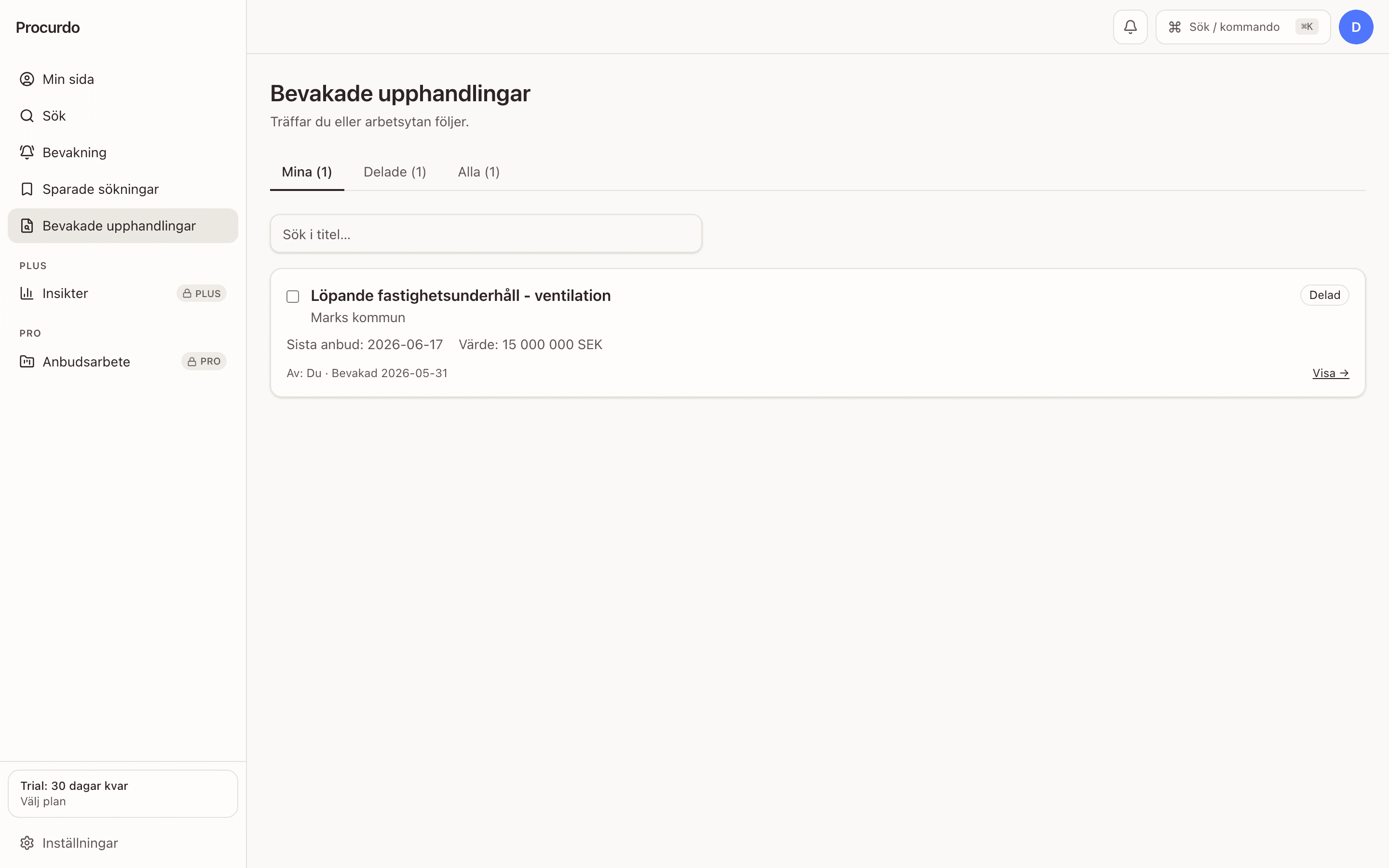 Lista över bevakade upphandlingar med anteckningar