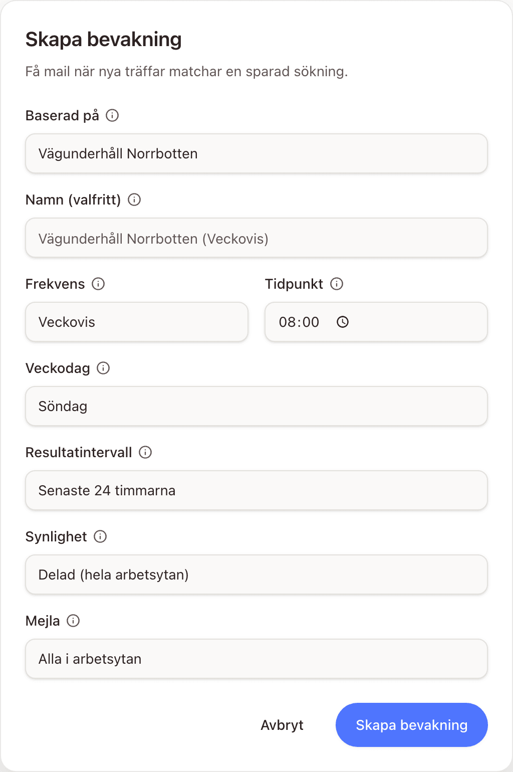 Dialogen Skapa bevakning med fälten Baserad på, Namn (valfritt), Frekvens satt till Veckovis, Tidpunkt, Veckodag, Resultatintervall, Synlighet och Mejla med valet Alla i arbetsytan