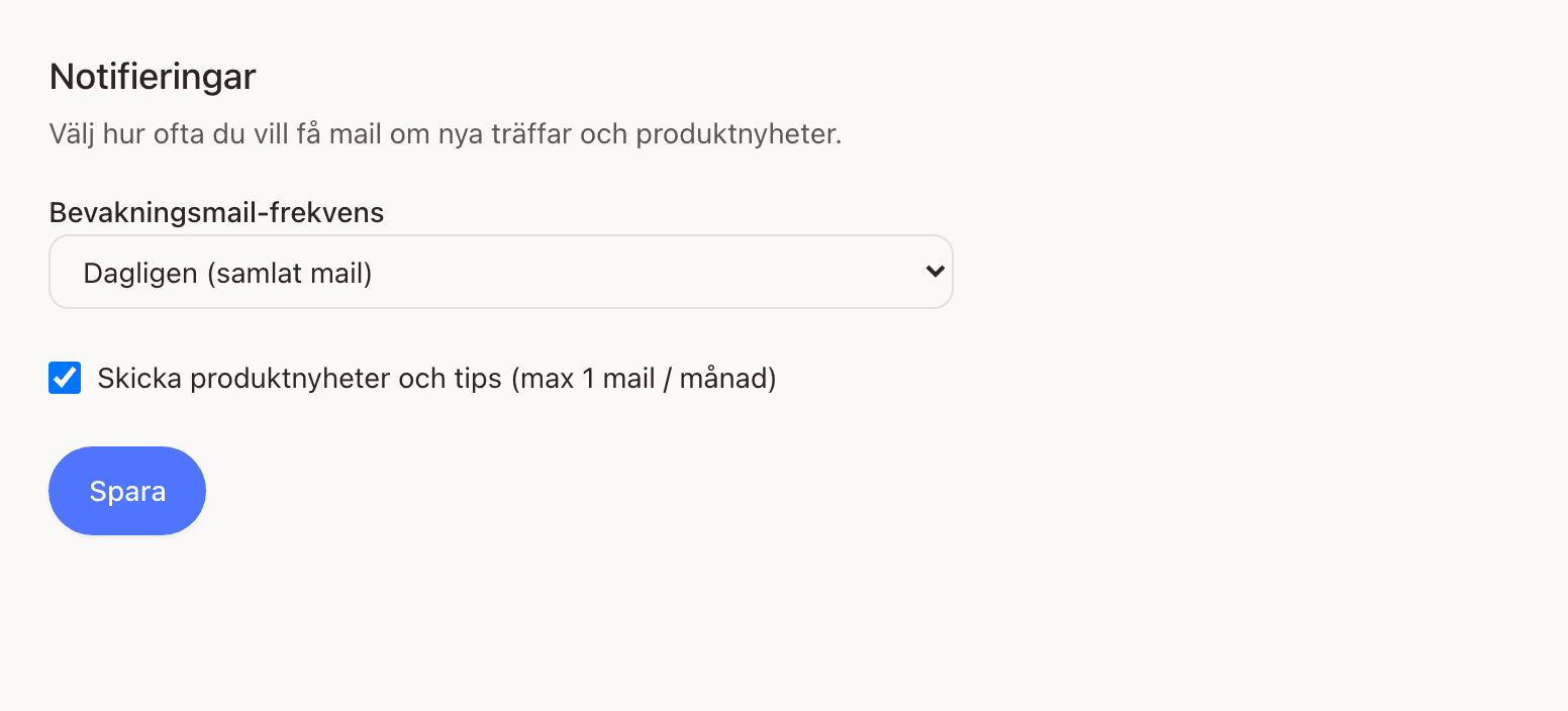 Notifieringar under Person: fältet Bevakningsmail-frekvens med valen Dagligen (samlat mail), Veckovis och Stäng av, och kryssrutan Skicka produktnyheter och tips (max 1 mail / månad)