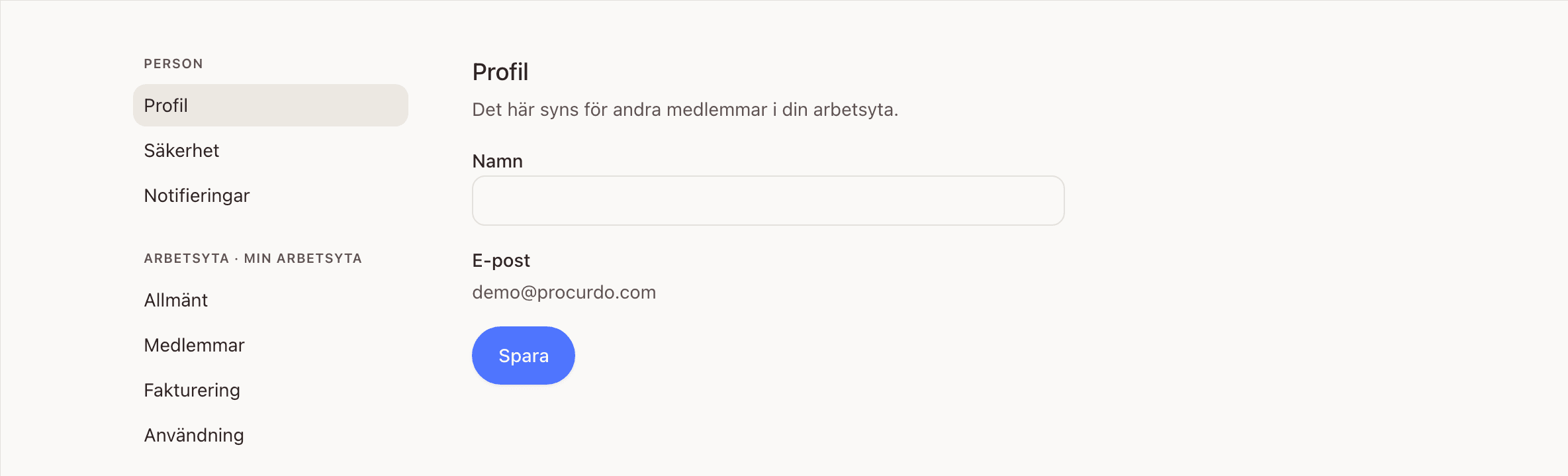 Profilinställningar med menyn Person och Arbetsyta till vänster