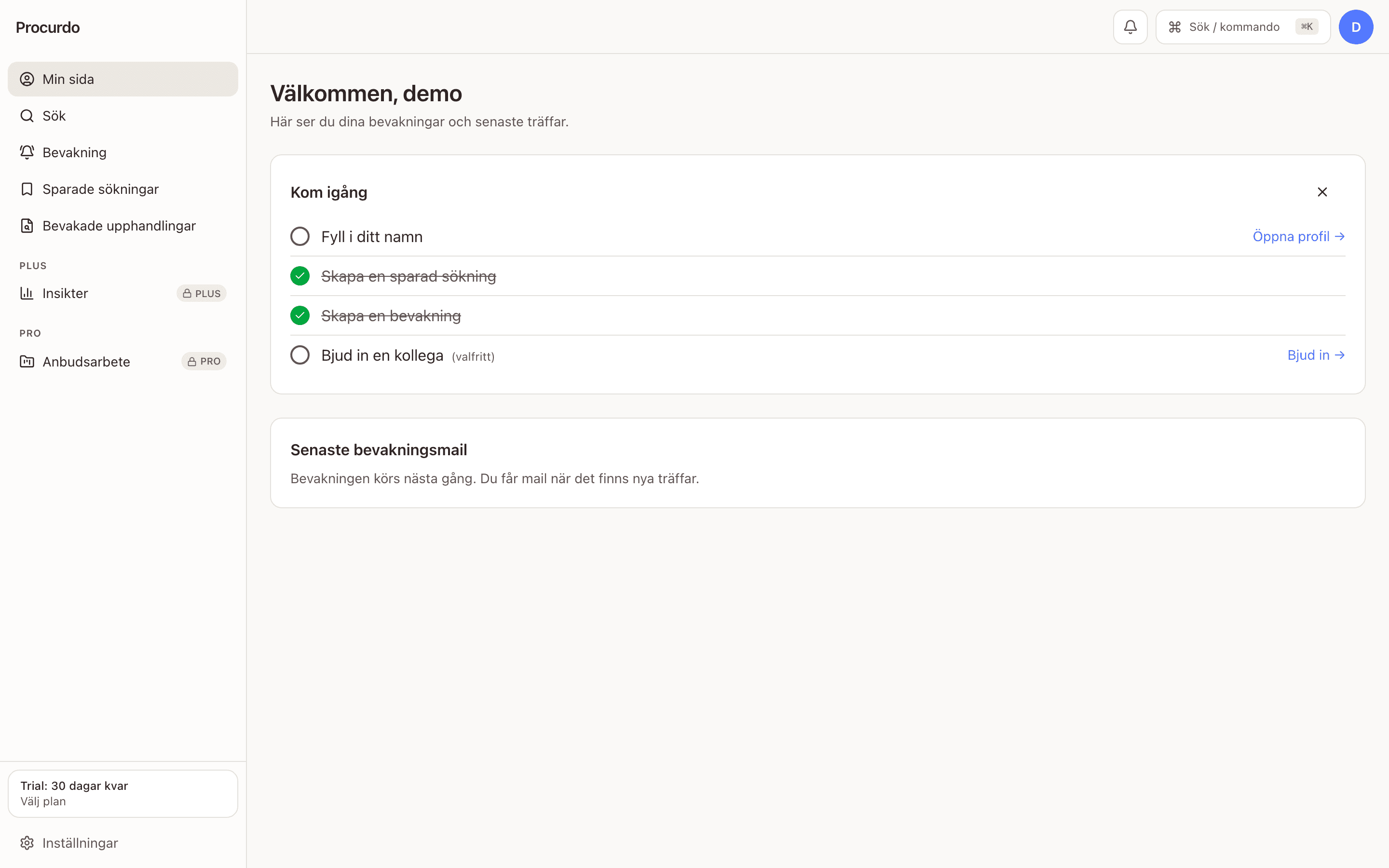 Startsidan efter inloggning