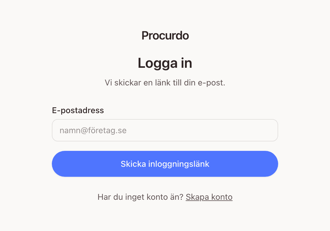 Inloggningssidan med rubriken Logga in, e-postfältet och knappen Skicka inloggningslänk