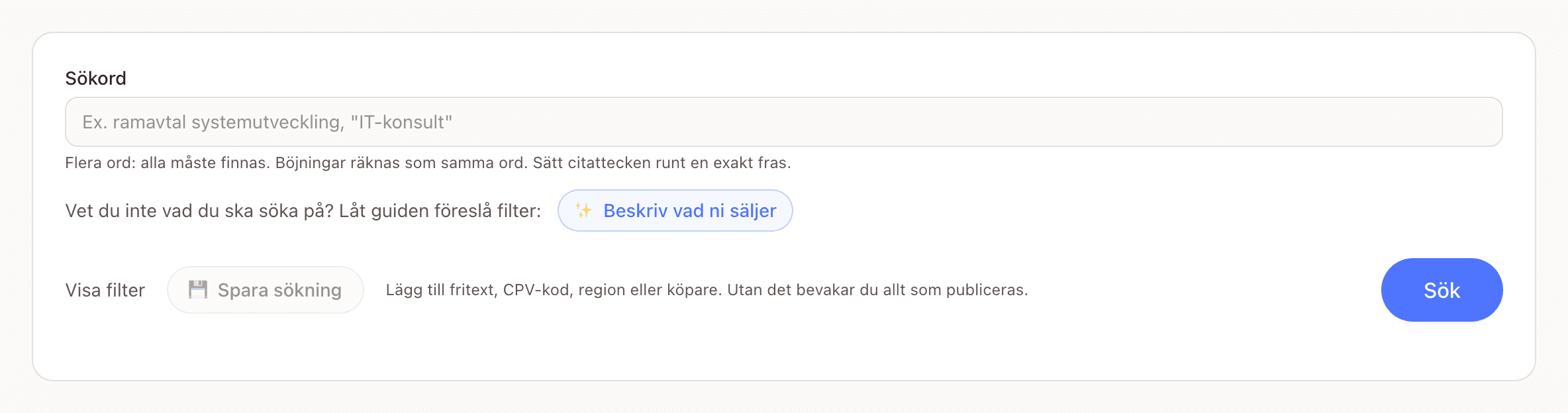 Söksidan med fältet Sökord, raden Vet du inte vad du ska söka på med knappen Beskriv vad ni säljer, verktygsraden med Visa filter och Spara sökning till vänster och Sök till höger, och statusfiltret Aktuella, Utgångna, Tilldelade, Alla över träfflistan