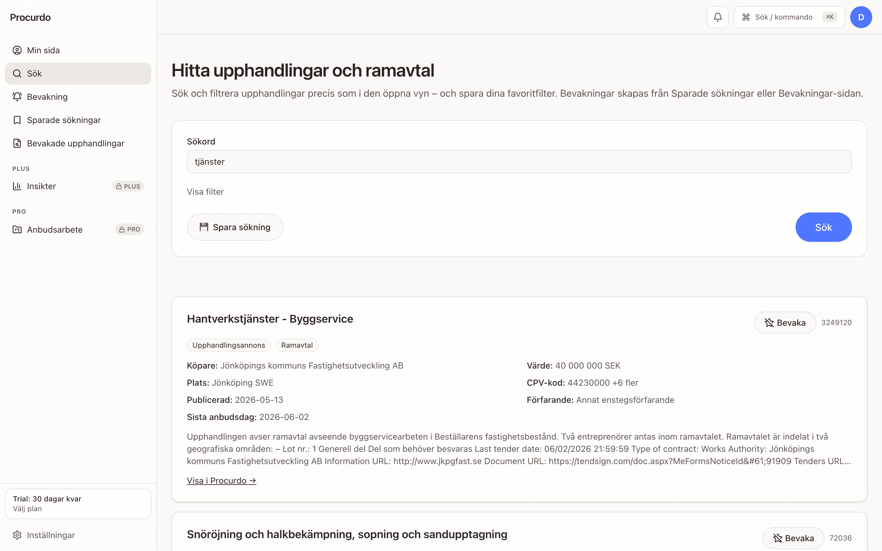 Resultatlista med upphandlingar